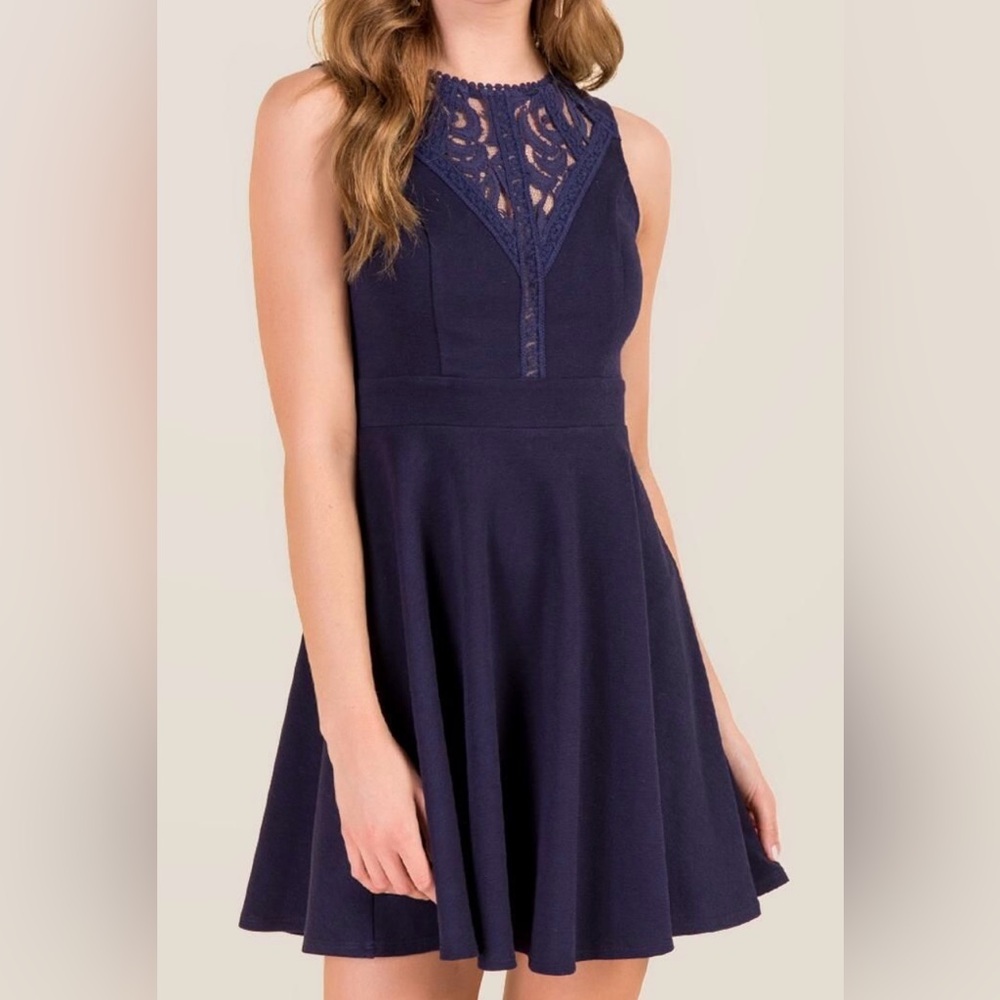 Miami Elegant Navy Lace & Embroidered Dress Sleeveless L